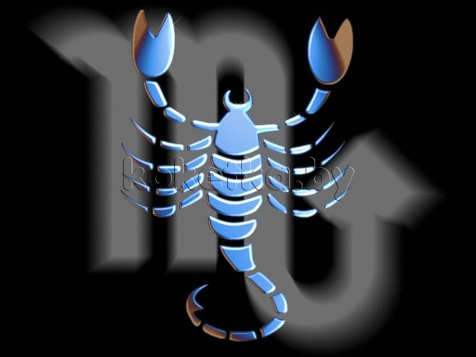 Синий знак зодиака Скорпион на фоне иероглифа - Зодиак.