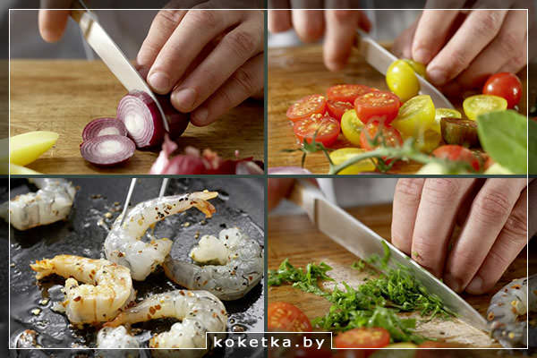 Этапы приготовления второго блюда "Картофель, жаренный с креветками"