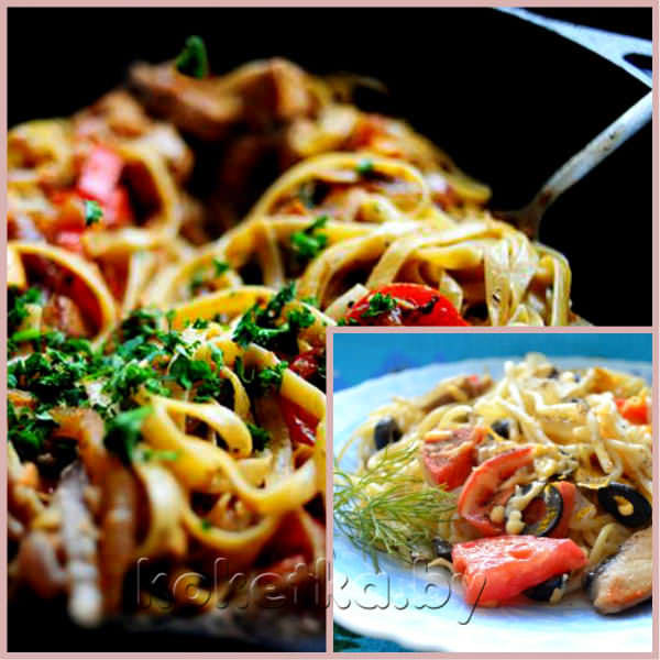 Спагетти с овощами и грибами