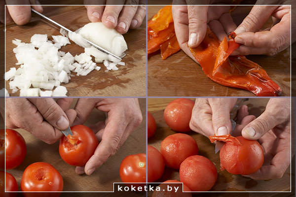 Нарезаем репчатый лук, чистим печёный перец и свежие томаты от кожуры